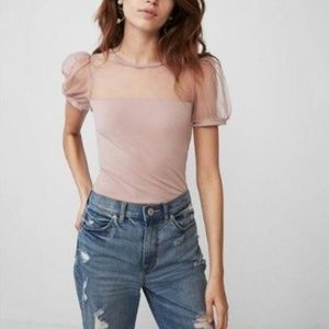 Express - Tulle Yoke Puff Sleeve Top